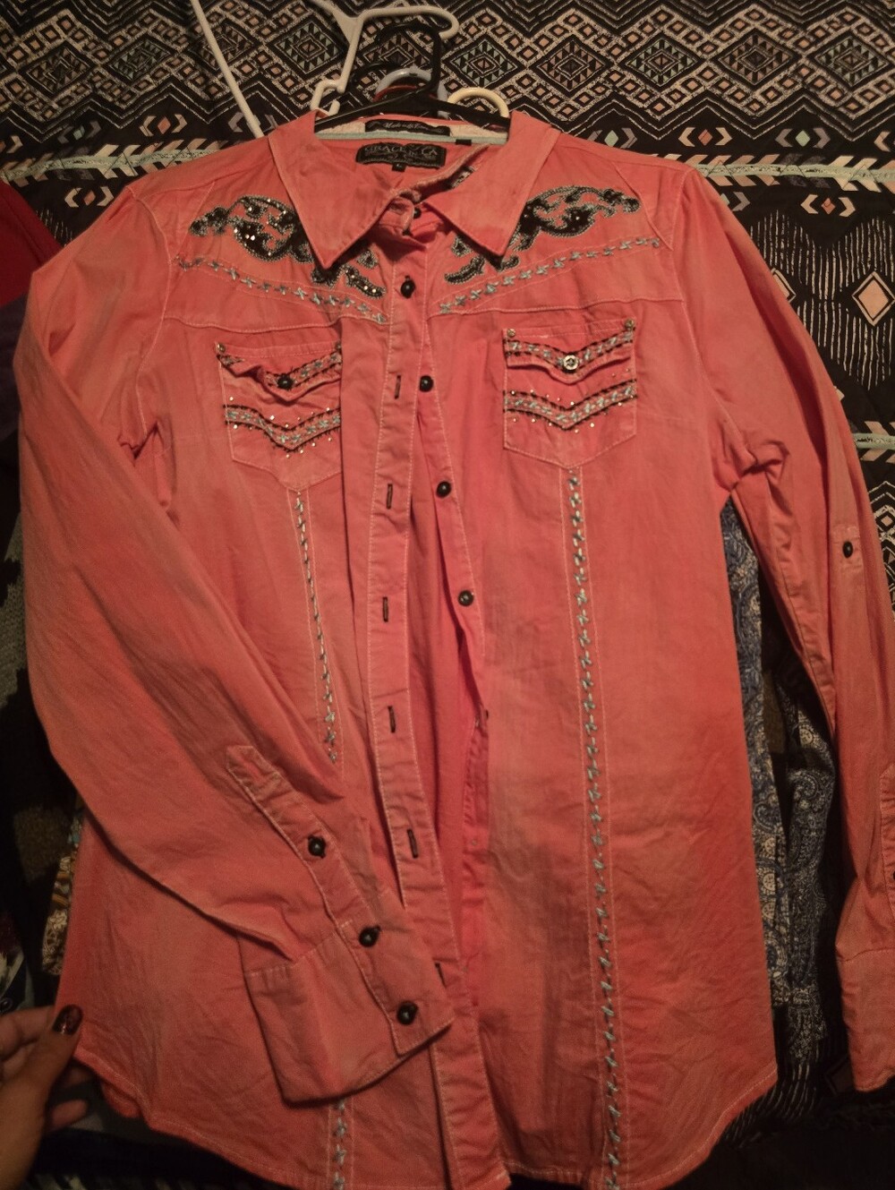 Grace in LA Coral Embellished Western Button-Down Shirt